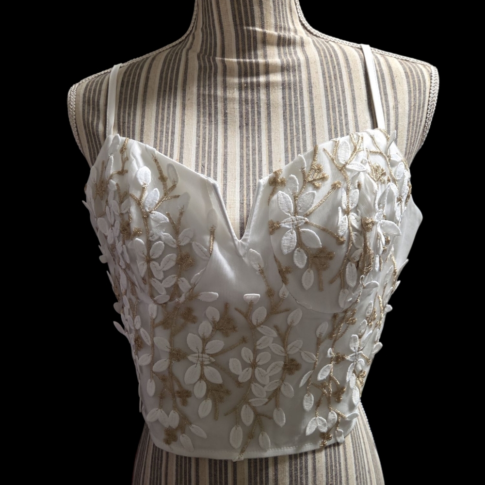 Elegant White and Gold Floral Embroidered Bustier